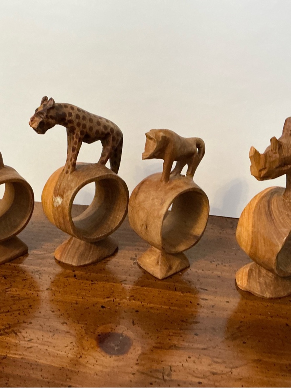 Hand-Carved Wooden Animal Napkin Ring Set - Hyena, Monkey,Baboon & Rhino